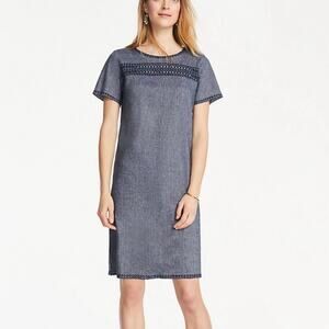 Ann Taylor Linen Blend Chambray Navy Blue Lace Detail Shift Dress sz 0 NWT NEW